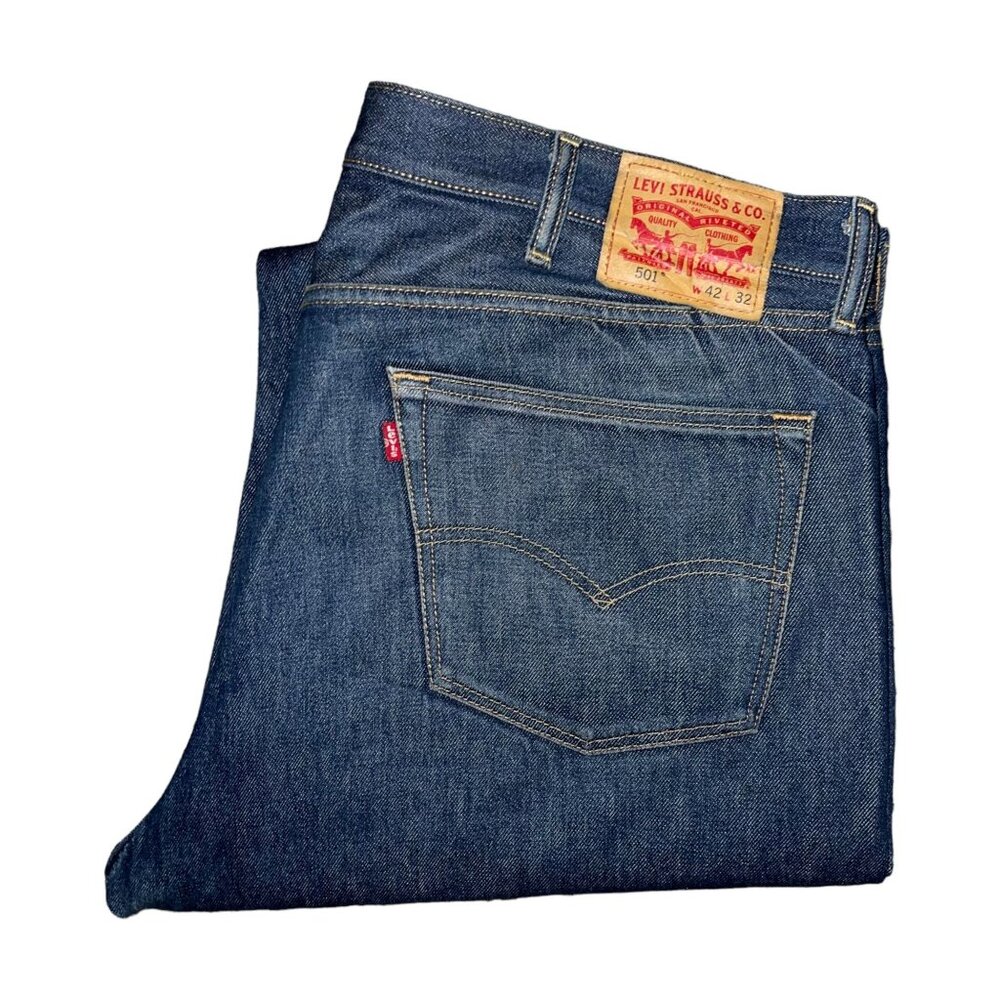 Levis 501 Button Fly Straight Leg Jeans Mens 42 32 Dark Wash Big and Tall